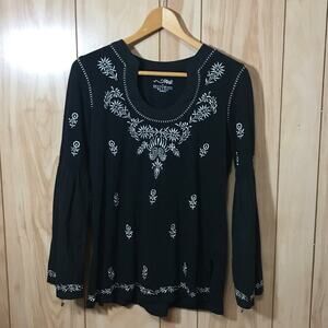 RxB Black Embroidered Floral Cotton Scoop Neck Long Sleeve Top M